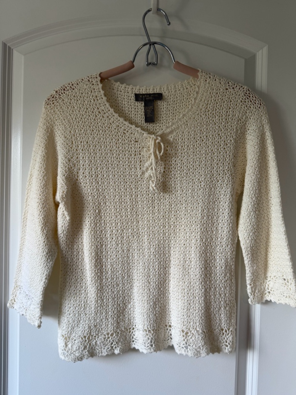 Vintage Kate Hill Whimsical Ren Faire Crochet Knit Tie-Front Linen/Cotton Top